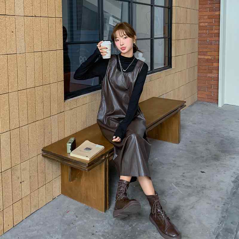 ワンピース レディース 春秋 PUレザー ジャンパースカート セットアップ 長袖 Aライン 無地 膝丈 ミモ..