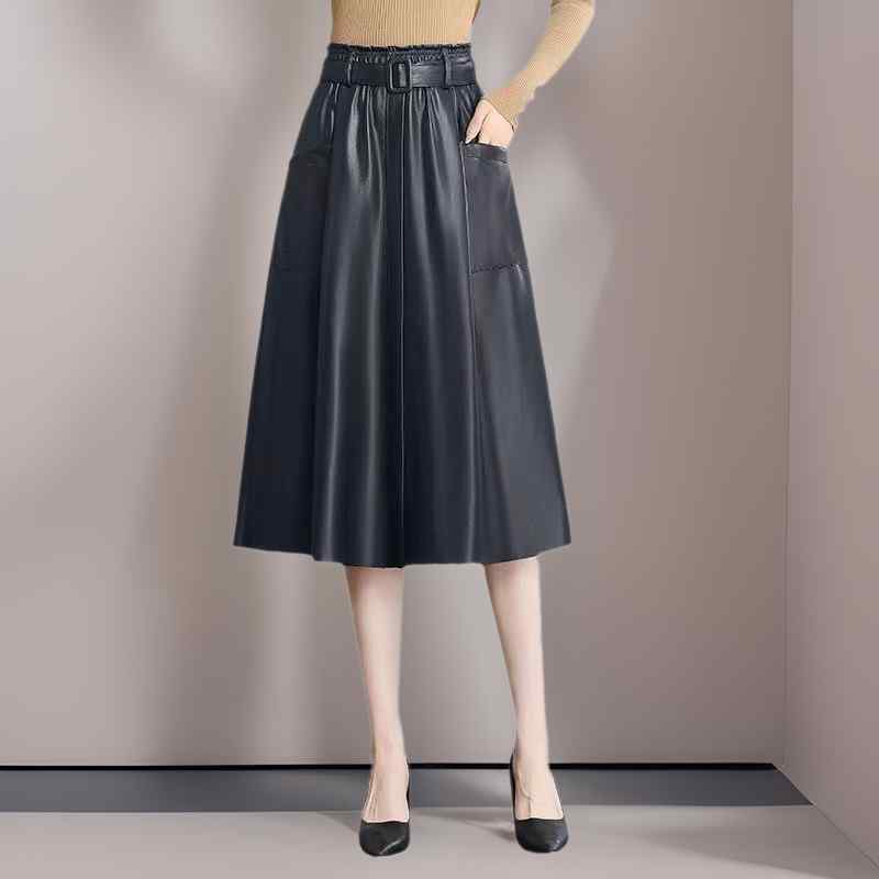 スカート レディース 秋冬 人工皮革 ミモレ丈 百褶スカート 大きいサイズ ゆったり 着痩せ 体型カバー カジュアル ブラック チョコレート色 グリーン M L XL 2XL 3XL 4XL 5XL