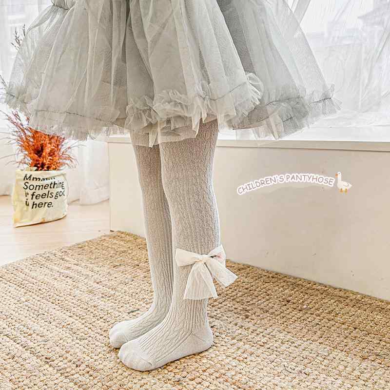 子供用タイツ 女の子用 サイドリボン バタフライ チューリップ柄 コットン 春秋 通気性 かわいい おし..