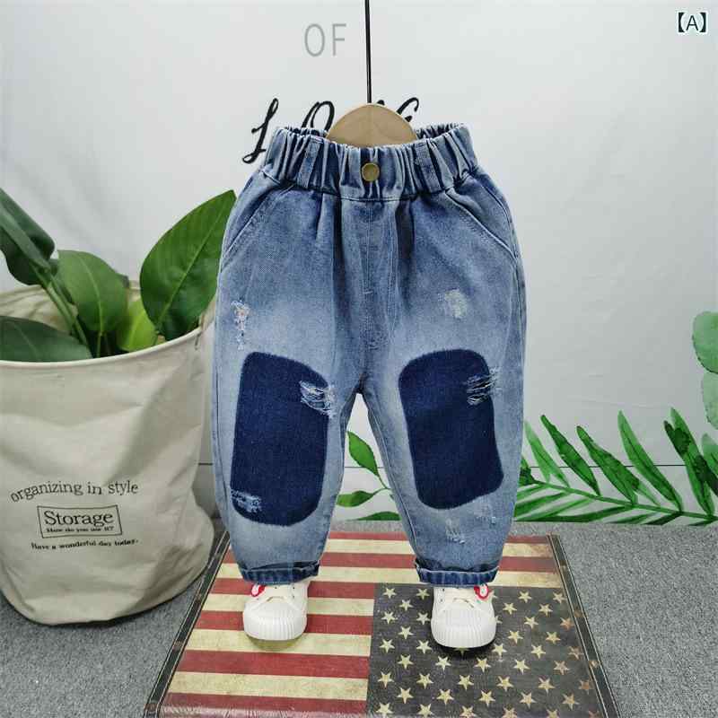 子供用ジーンズ 男児 膝破れ グラデーション デニムパンツ 春秋 ロングパンツ 中小サイズ ウエストゴム..