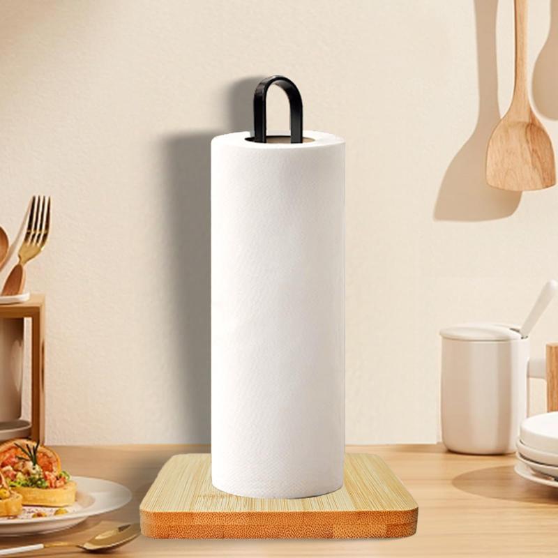 キッチンペーパーホルダー 台所用品 卓上 アイアン ロールペーパーホルダー 竹製 木製 円形 正方形 六..