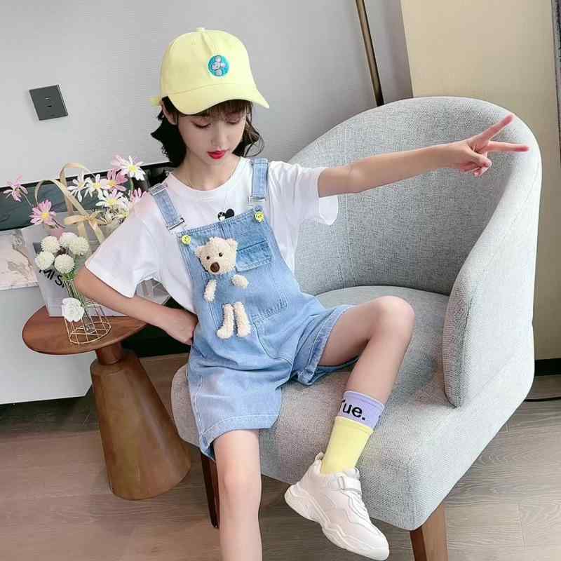 キッズ 女の子 オーバーオール デニム ショートパンツ 上下セット Tシャツ付き 夏 中大童 コットン100%..