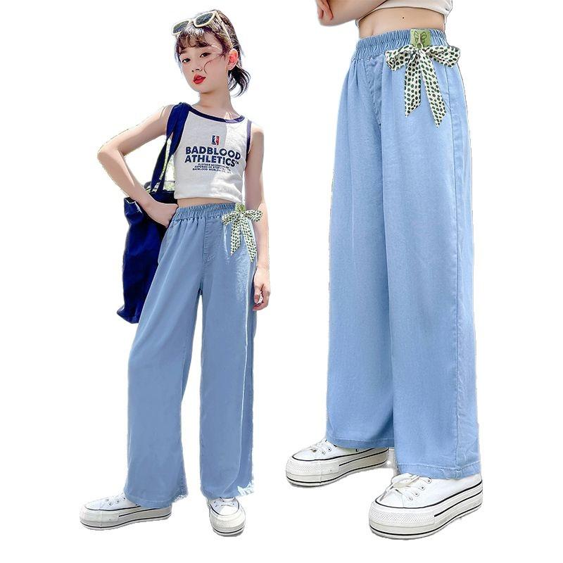 子供服 パンツ 女の子 天蚕糸 デニム ワイドレッグ 緩い ストレート パンツ 大 子供 薄手 高腰 接触冷..