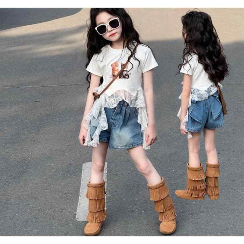 キッズ 女の子 半袖Tシャツ ショートパンツ 上下セット 夏服 レース フリル リボン かわいい 薄手 通園..