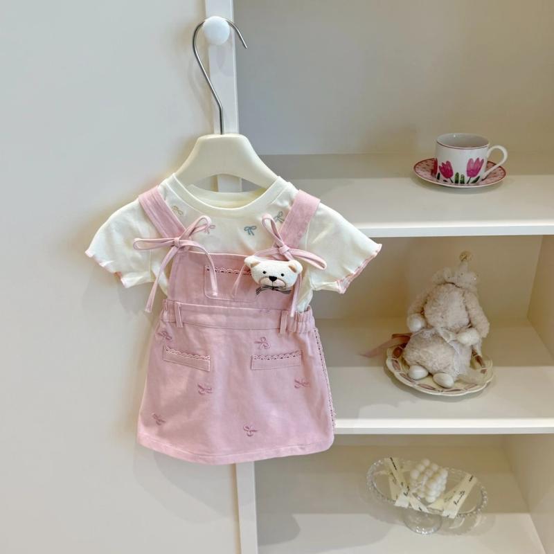 ベビー服 女の子 Tシャツ セットアップ 桜色 ピンク色 バタフライ 蝶結び ノースリーブ ワンピース 薄手 春夏 かわいい ガールズ 普段着 おしゃれ着 赤ちゃん 幼児 上下セット 80 90 100 110 120 130