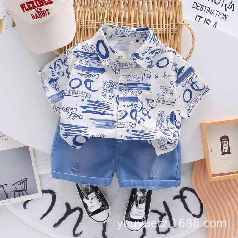 子供服 シャツ 男児 夏 セットアップ カジュアル アルファベット柄 半袖 デニム ショートパンツ