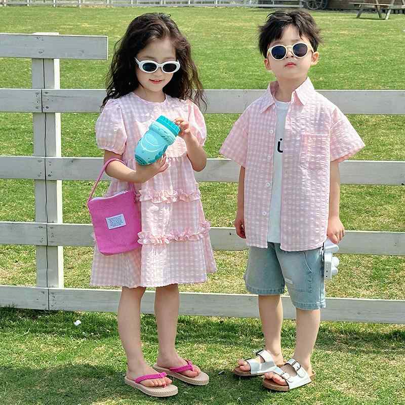 子供服 セットアップ 夏 女の子 チェック ワンピース 男の子 半袖 シャツ ショートパンツ 兄弟 姉妹 韓国風 子供用 上下セット 薄手 綿