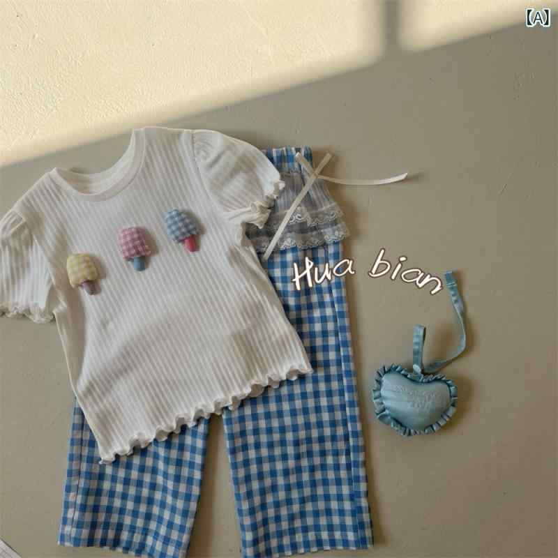 キッズ 女の子 Tシャツ パンツ セットアップ 春夏 コットン 格子柄 フリル 接触冷感 薄手 ガールズ 上下セット 子供服