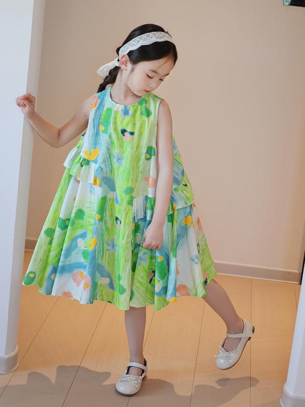 ワンピース キッズ 女の子 子供 夏 海辺 リゾート 綿 ノースリーブ 荷葉辺 かわいい グリーン 90cm 100..