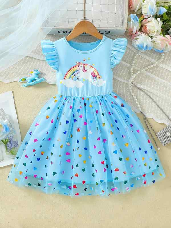 ワンピース 女の子 子供服 半袖 プリンセスドレス レインボー ホース ユニコーン チュール スカート 綿..