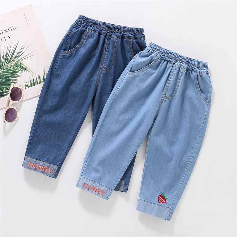 子供服 ジーンズ 女児 デニムパンツ 薄手 ベビー ストレートパンツ 綿100% ウエストゴム ロングパンツ いちご 刺繍 夏 90 100 110 120 130 140