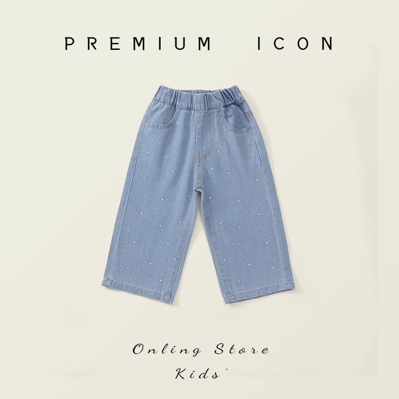 子供用ジーンズ 女の子用 ワイドレッグパンツ ラインストーン付き デニムパンツ 女児 コットン混紡 韓..