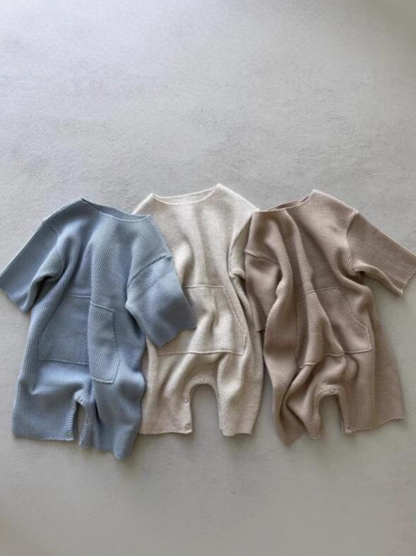 ベビー服 長袖ロンパース 春夏 ワッフル素材 綿 暗釦 男女兼用 杏色 ブルー ブラウン 66cm 73cm 80cm 9..