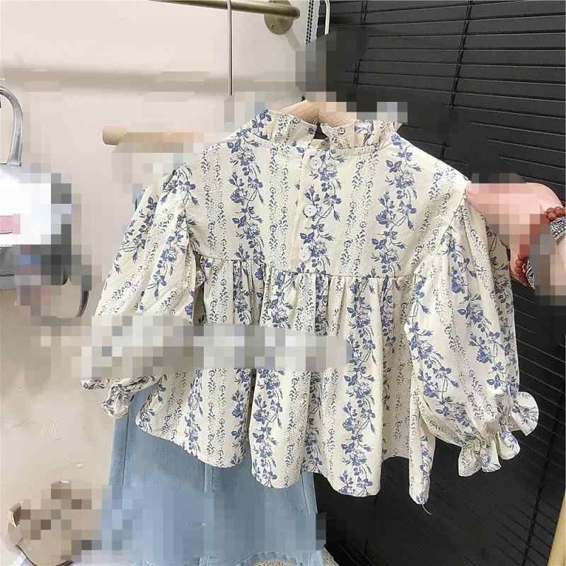 子供服 ガールズ 花柄 ブラウス トップス デニム パンツ 上下セット 春秋 立襟 長袖 綿100 かわいい 普..