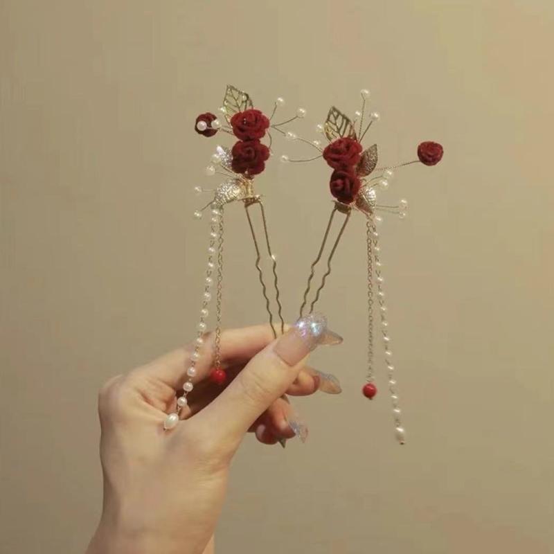 ヘアアクセサリー レディース ヘアスティック U字簪 バラ 薔薇 タッセル付き 古風 チャイナドレス 髪飾..