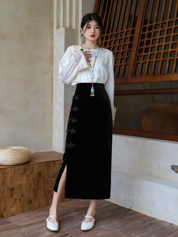 スカート レディース ベルベット 直筒 ミモレ丈 春秋 無地 ポリエステル 切り替え デザイン 飾りボタン..