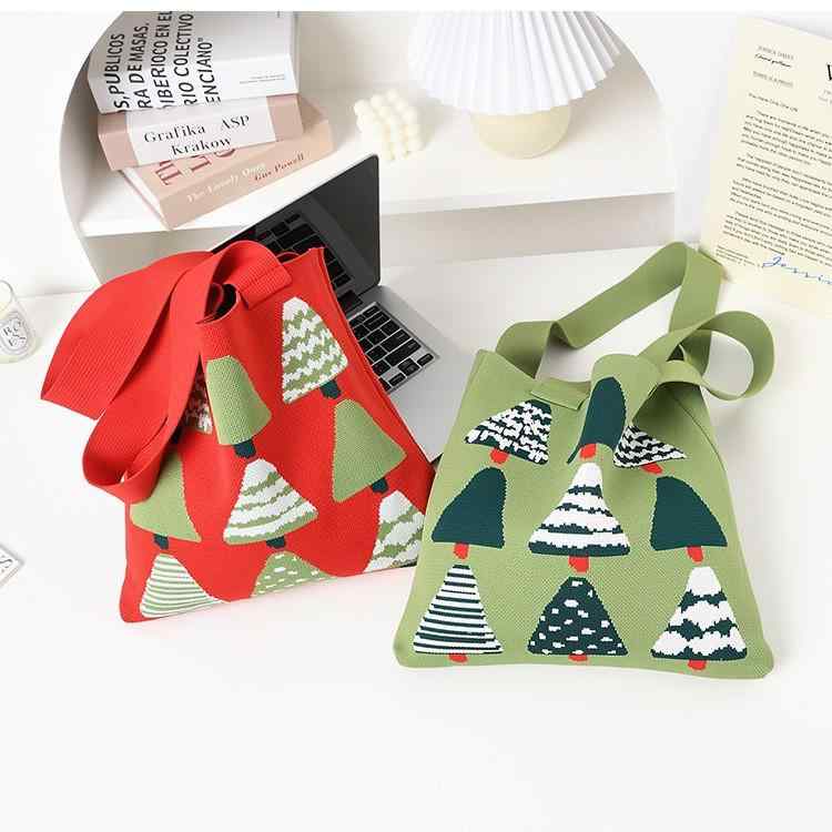 トートバッグ レディース ニット クリスマスツリー柄 大容量 ハンドバッグ ショッピングバッグ エコバ..