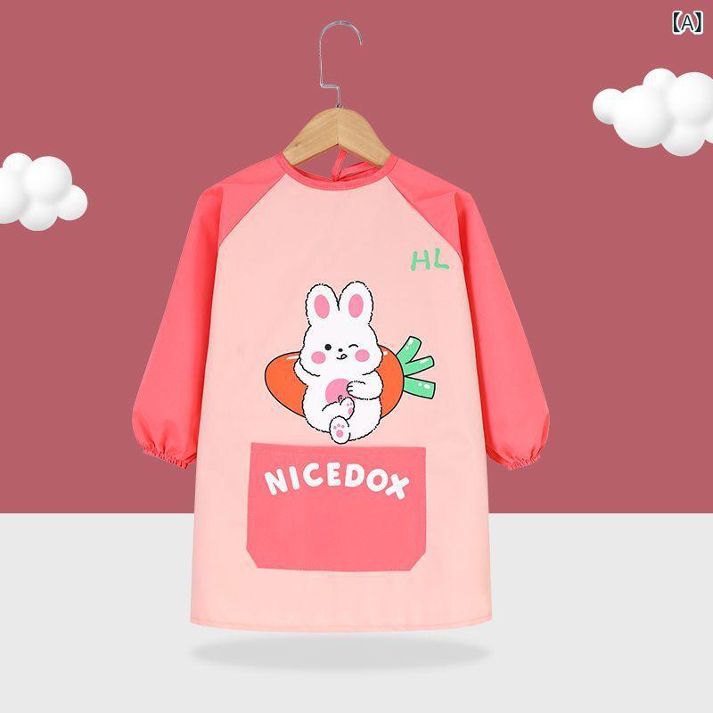 子供用エプロン お絵かき用 スモック 防水 防汚 ベビー 美術 幼稚園 食事用 スタイ かわいい柄 ピンク..