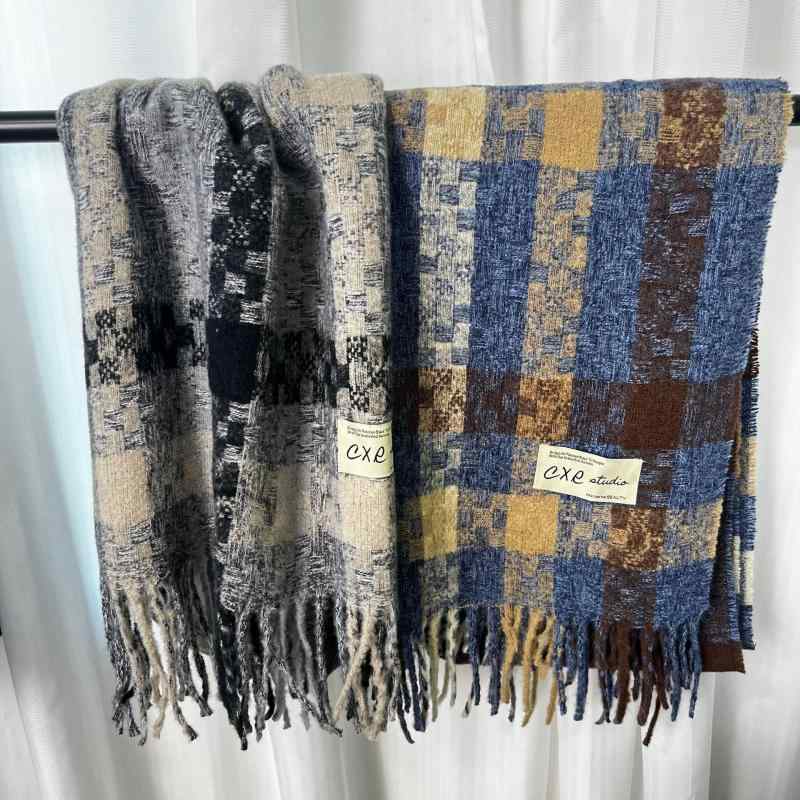 マフラー レディース 秋冬 格子柄 フリンジ 厚手 保温 学生風 韓国風 ブルー ブラウン ポリエステル