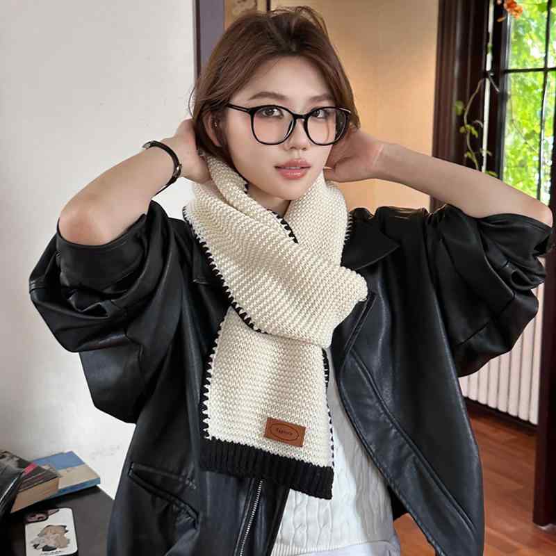 マフラー レディース 秋冬 保温 ニット かわいい 学生風 シンプル ベーシック 白色 緑 深棕色 紺 赤 黒..