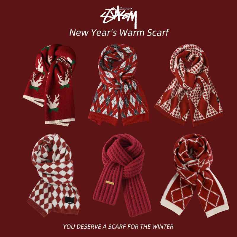 マフラー レディース 秋冬 ニット 厚手 保温 新年 赤 ワインレッド ポリエステル 防寒