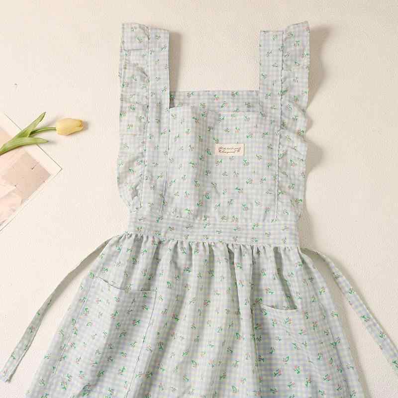 エプロン レディース かわいい 格子柄 コットン 薄手 通気性 プリンセス フリル キッチン カフェ 料理..