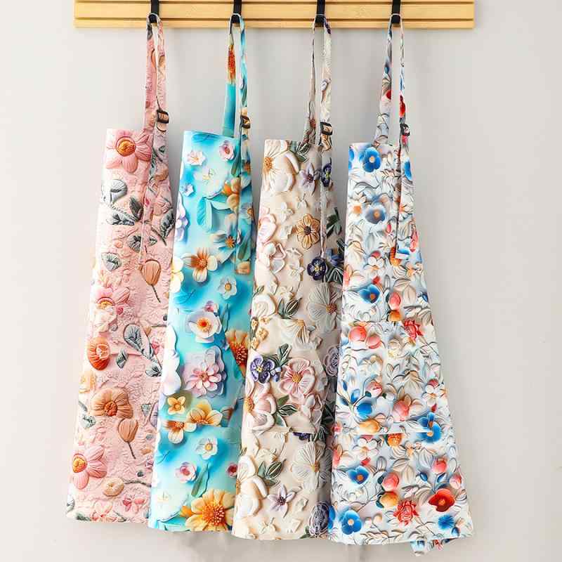 エプロン 男女兼用 防水 防油 撥水 汚れ防止 花柄 草柄 リーフ柄 キッチン 家事 工作用 袖カバー セット