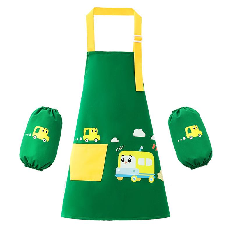 子供用エプロン キッズ 防水 防汚 幼稚園 保育園 図工 工作 絵画用 スモック 袖付き 110 120 130 140 緑 黄 青 ピンク 車 ロケット 猫 ウサギ ポリエステル