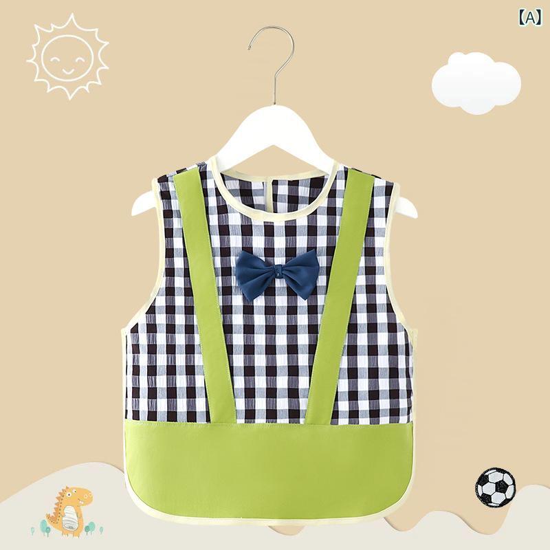 ベビー 防水 付け袖 エプロン 格子柄 幼稚園 接触冷感 薄手 子供用 反射材付き ポリエステル 80cm 90cm 100cm 110cm 120cm 130cm 140cm