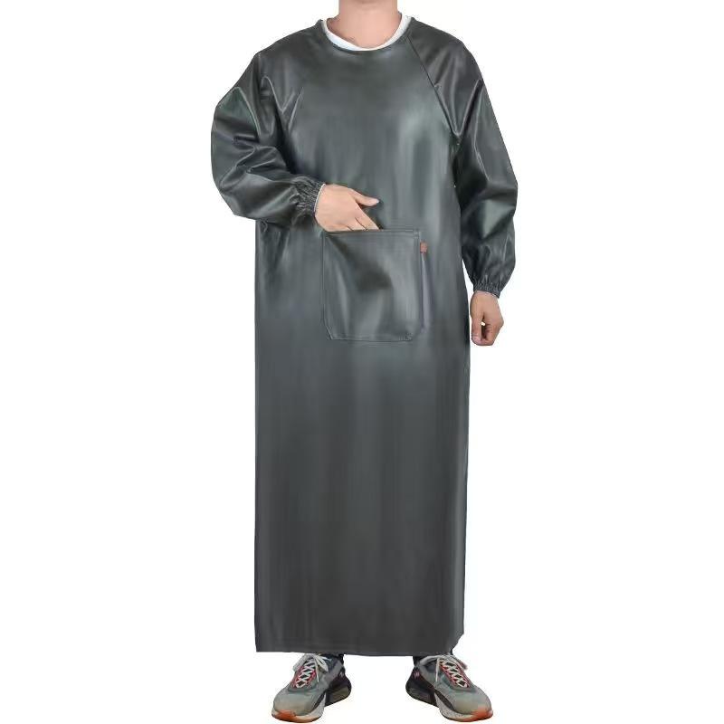 エプロン レディース メンズ PUレザー 長袖 撥水 防油 汚れ防止 ワーク 作業着 キッチン カフェ レストラン 水産 飲食業 ユニフォーム ブラック 黒 ブラウン 赤