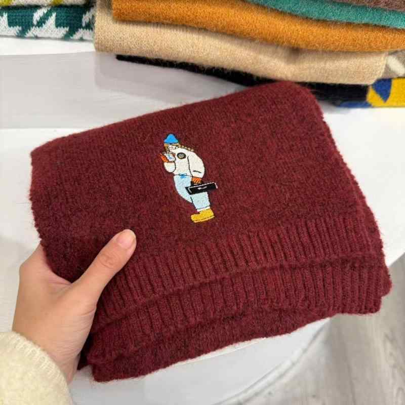 マフラー レディース 秋冬 雪だるま 刺繍 ウール 混紡 ニット 防寒 ストール ミドル丈 ベージュ グレー..