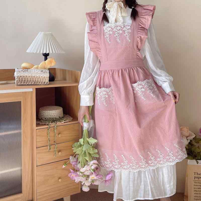 エプロン レディース かわいい 綿 薄手 ノースリーブ フリル レース 汚れ防止 料理 家庭用 美容 হালকা..