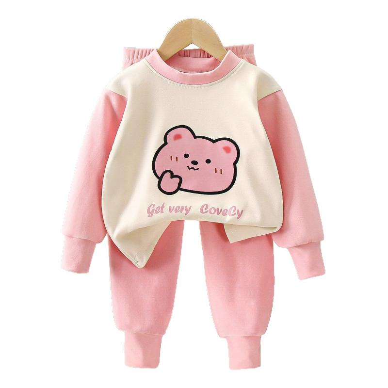 子供用パジャマ 長袖長ズボン 上下セット 男女兼用 キッズ 徳絨 小熊柄 インナーシャツ アンダーウェア 保温 秋冬 部屋着 ルームウェア