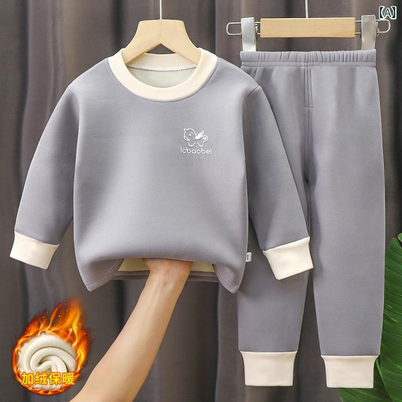 子供用インナー 上下セット キッズ 男女兼用 パジャマ 厚手 裏起毛 暖かい ポリエステル 部屋着 ルームウェア 小飛馬柄 グレー イエロー グリーン オレンジ 80 90 100 110 120 130 140 150cm