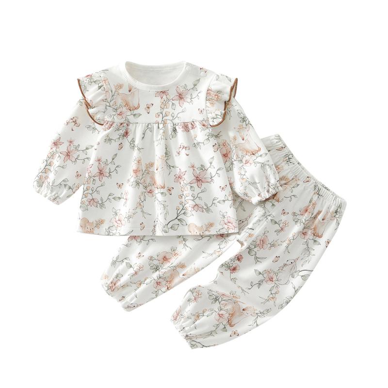 子供服 長袖Tシャツ 長ズボン 上下セット ベビー服 女の子 綿100% パジャマ ルームウェア 幼児 園児 保育園 普段着 かわいい 花柄 小鹿柄 独角獣柄 通気性 柔らかい 73cm 80cm 90cm 100cm 110cm