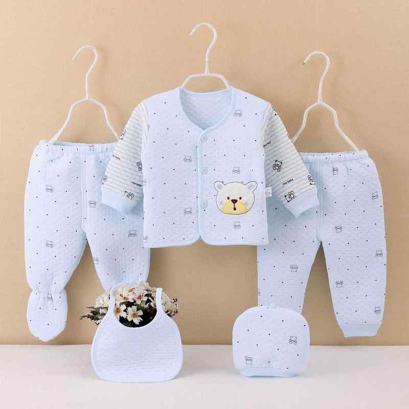 ベビー 新生児 肌着 セット 5点 綿100% 春秋冬 厚手 保温 乳児 男女兼用 かわいい 刺繍 クマ オールシーズン