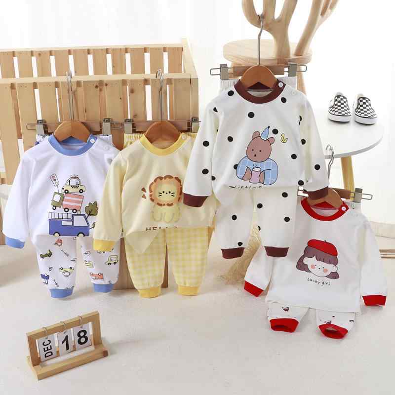 子供用インナーウェア 上下セット ベビー パジャマ 綿100％ 春秋 冬 幼児 男の子 女の子 寝巻 ルームウェア 吸湿性 通気性 動物柄 格子柄 無地 かわいい ミキサー ショベルカー クマ ライオン