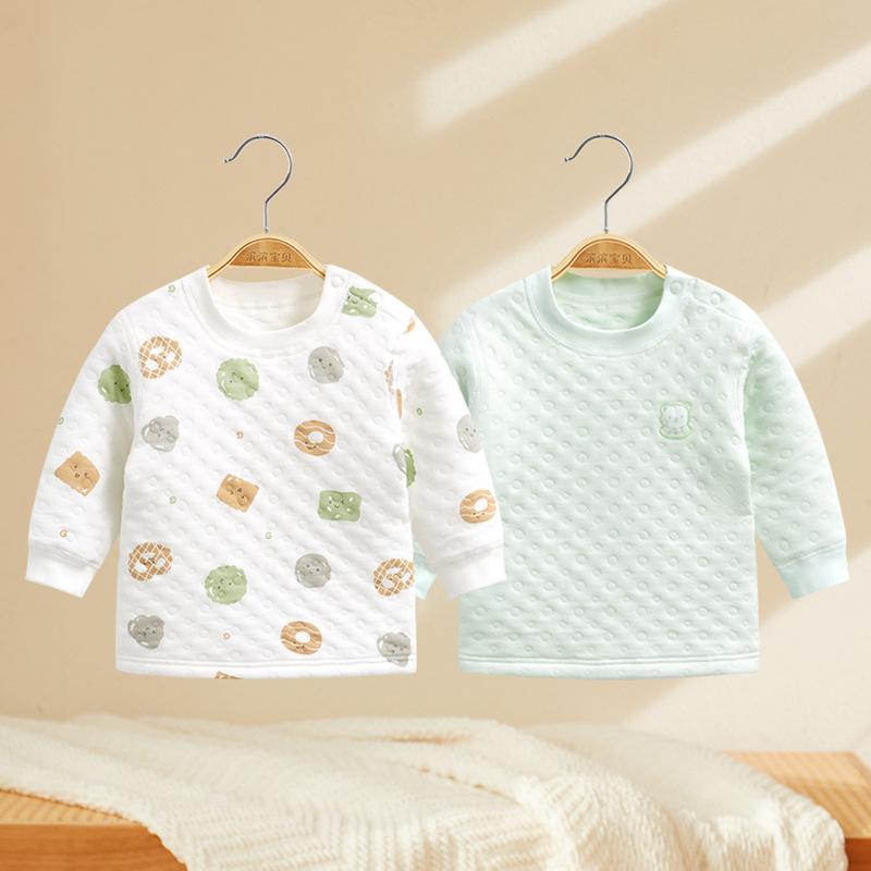 ベビー キッズ あったか トップス 秋冬 幼児 子供 裏起毛 インナーシャツ 男の子 女の子 綿100％ かわいい 小餅柄 小兔萝卜柄 ジェリー熊柄 小レモン柄 黄色 青色 ピンク色 緑色 丛林小兔柄 獅子小鹿柄 逐夢気球柄 鳶尾紫