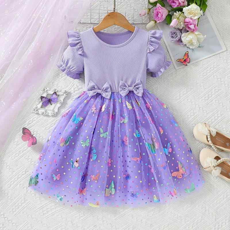 ワンピース 女児 子供 チュールスカート プリンセススカート パーティードレス かわいい おしゃれ 半袖 膝丈 Aライン ポリエステル ピンク 紫 90 100 110 120 130 夏