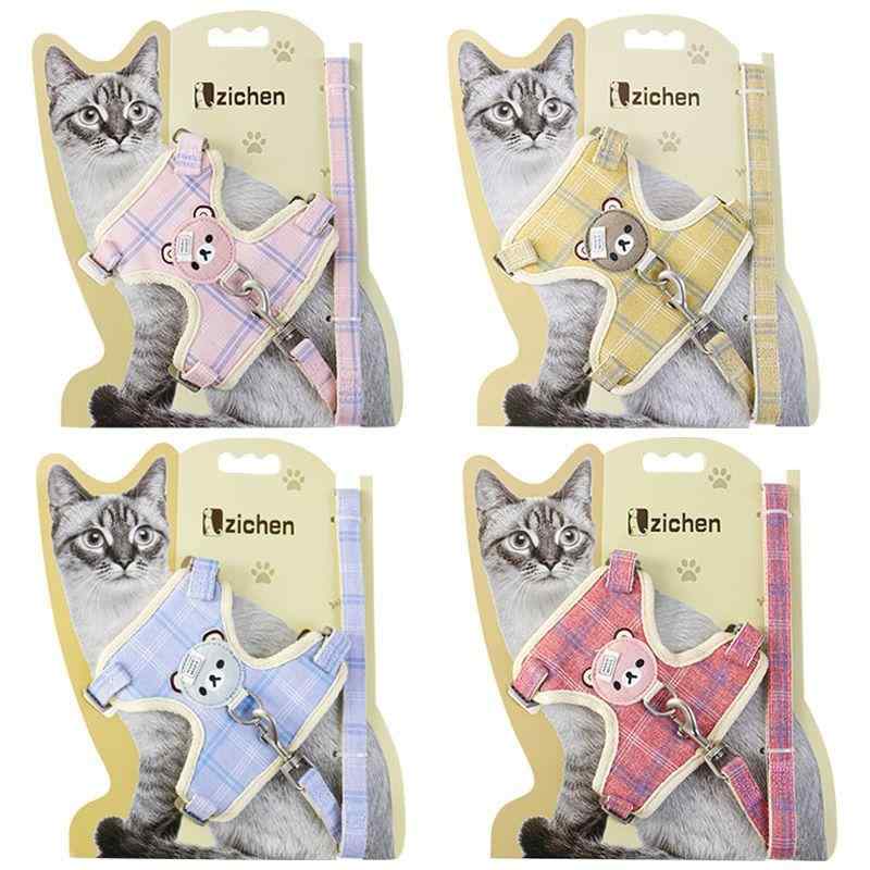 猫用ハーネス リード 猫具 格子柄 クマ柄 かわいい 胴輪 メッシュ 散歩 お出かけ 小型犬 ポリエステル 綿 レッド ピンク グレー ブルー イエロー 2～12斤