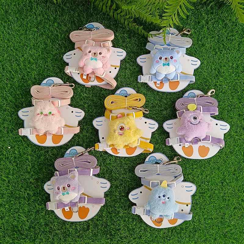 犬用 ハーネス リード かわいい モンスター クマ 小型犬 中型犬 散歩 布製 ブルー ピンク パープル イエロー