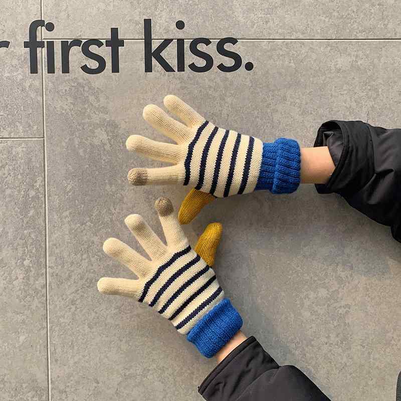 手袋 レディース メンズ ニット手袋 ボーダー柄 裏起毛 暖かい スマホ対応 黒 白 秋冬 通勤 通学 かわいい(4)