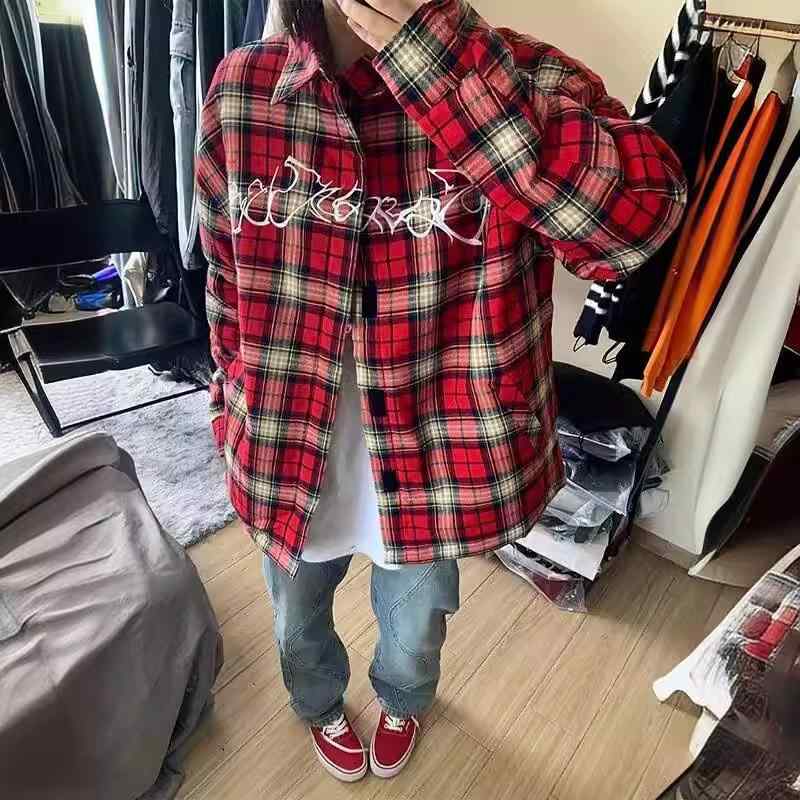 シャツ メンズ 男性用 長袖シャツ アメリカン レトロ 酒 красный チェック柄 ポリエステル хип хоп 웨..