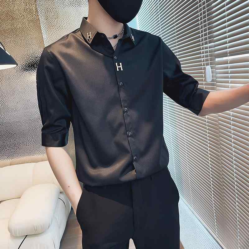 シャツ メンズ 半袖 修身 無地 五分袖 ポリエステル 開襟シャツ 黒 白 普段使い 韓国風(4)