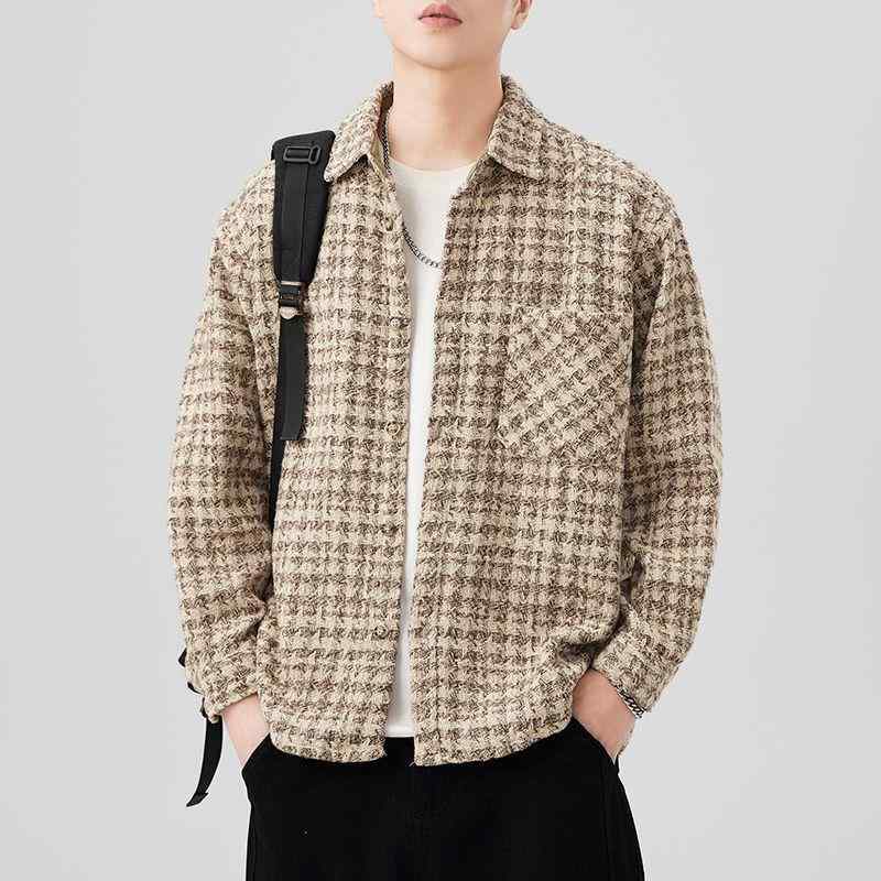 シャツ メンズ 長袖 春秋 格子柄 レトロ ワークシャツ風 ゆったり ポリエステル 墨緑 アプリコット