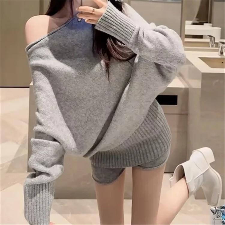ニット レディース 秋冬 肩出し トップス ショートパンツ セットアップ 女性用 無地 長袖 ニットソー ..