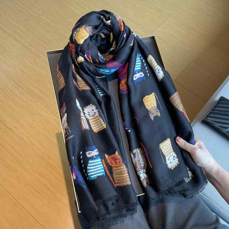 マフラー ストール レディース かわいい 猫柄 綿麻 秋冬 保温 180 90cm ガーゼ ショール 膝掛け 冷房対..