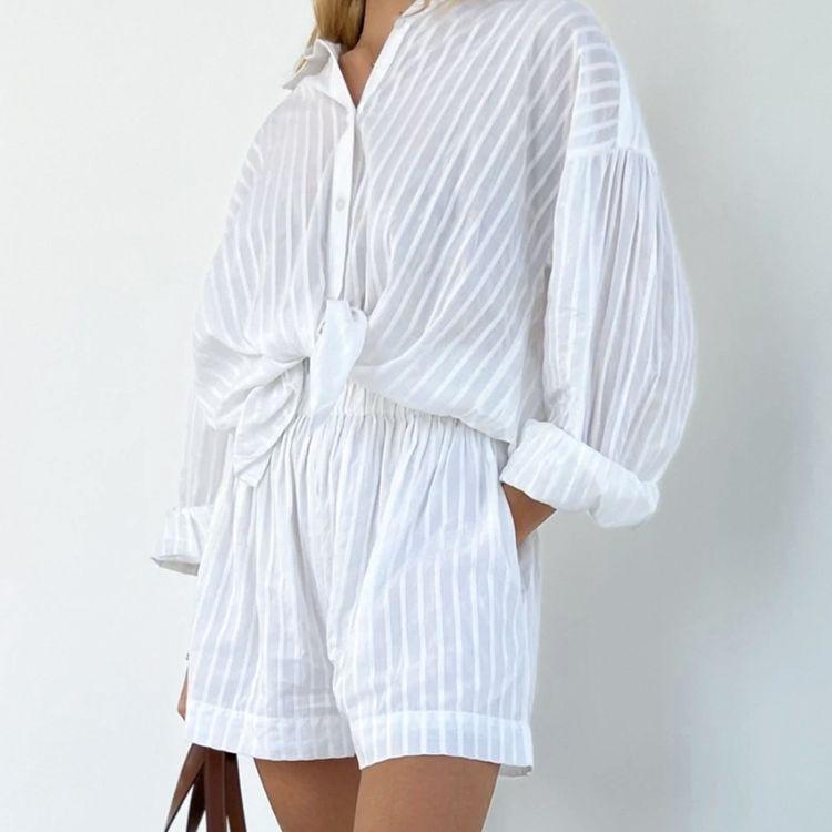 シャツ レディース ストライプ柄 コットン100% 襟付き ブラウス 半袖 トップス ショートパンツ セット..