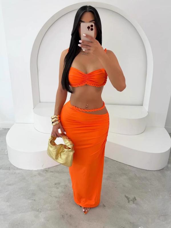 セットアップ レディース キャミソール 膝下丈スカート ポリエステル オレンジ色 欧美風 ストリート 無..