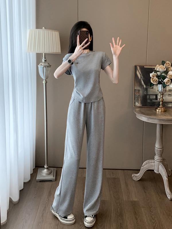 セットアップ レディース 夏 灰色 半袖 トップス ワイドレッグパンツ 2点セット コットン ポリエステル..